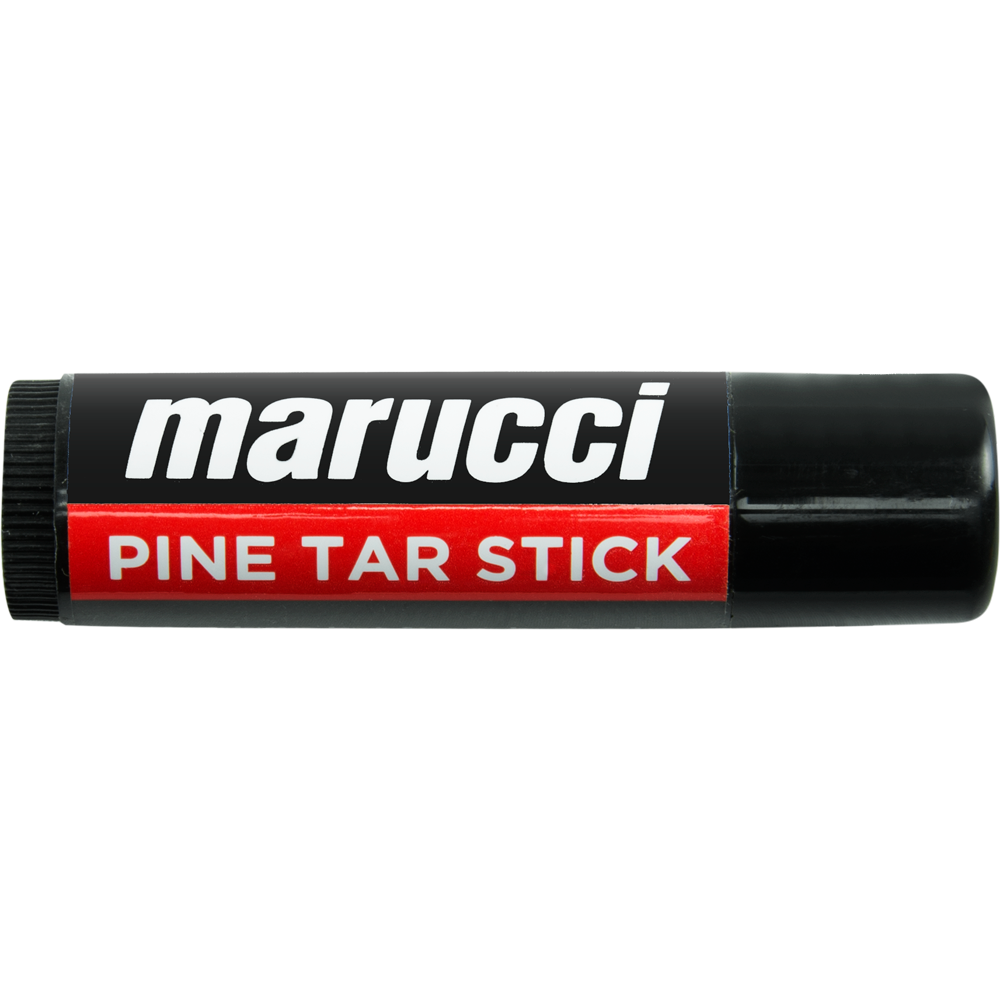 The Marucci Pine Tar Stick: MPINESTK is a black grip enhancer for baseball bats, featuring a red section with "Pine Tar Stick" in white text. Brand: Marucci.