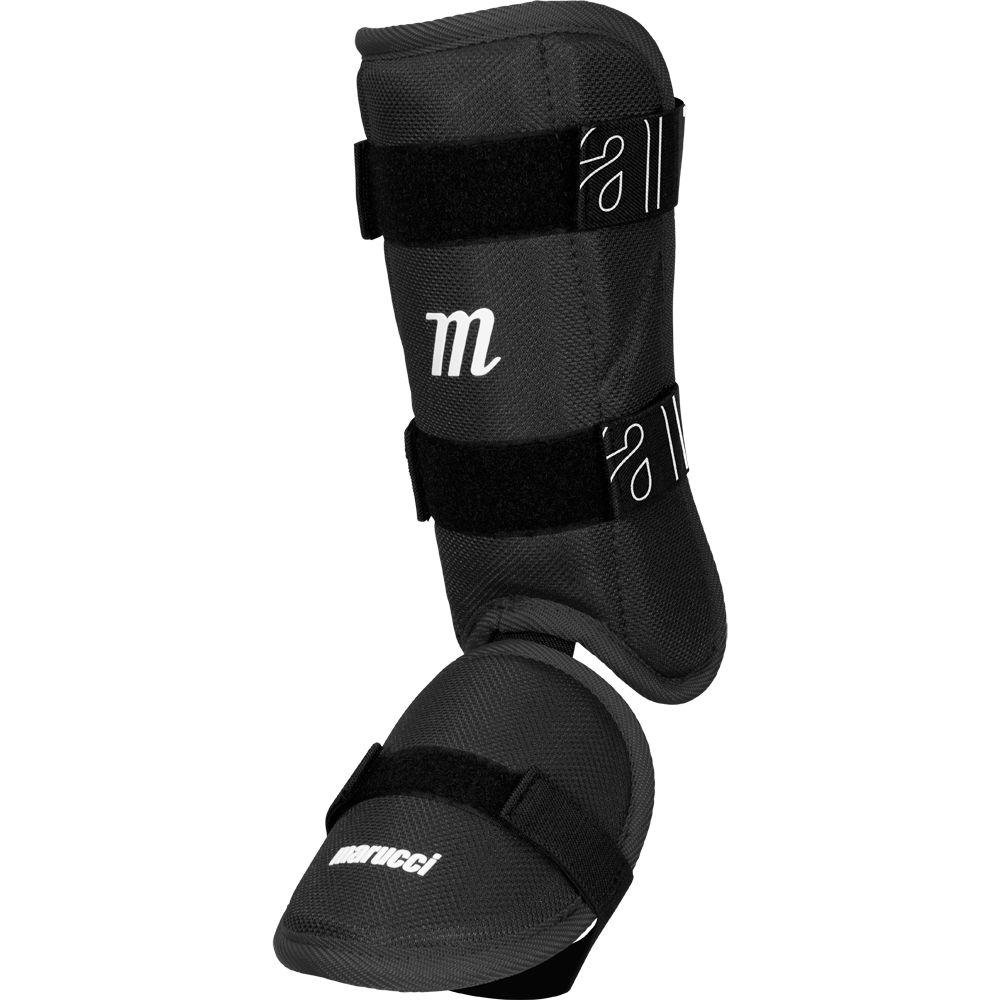 Marucci Batter's Leg Guard (MPLG4) by Marucci, a black adjustable shin and instep protector with removable foot cap, Velcro straps, and white branding for sports or martial arts use, shown on a plain white background.