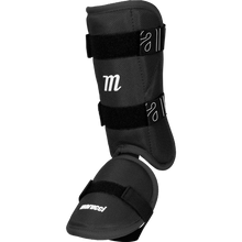 Marucci Batter's Leg Guard (MPLG4) by Marucci, a black adjustable shin and instep protector with removable foot cap, Velcro straps, and white branding for sports or martial arts use, shown on a plain white background.
