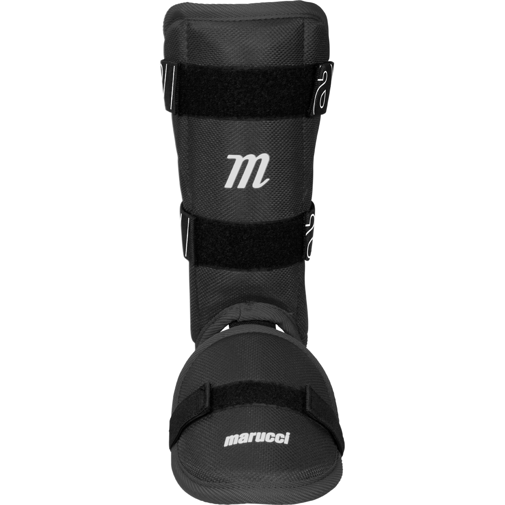 The Marucci Batter's Leg Guard: MPLG4 is a black leg brace from Marucci with an adjustable shin protector for a secure fit.