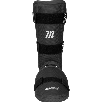 The Marucci Batter's Leg Guard: MPLG4 is a black leg brace from Marucci with an adjustable shin protector for a secure fit.