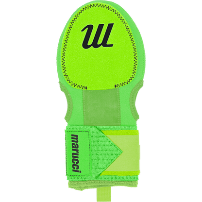 The Marucci Sliding Mitt: MPSLDMITT is a bright green, adjustable neoprene mitt with reinforced stitching, featuring black “Marucci” branding on the strap and a bold black “W” on the padded surface for secure hand protection.