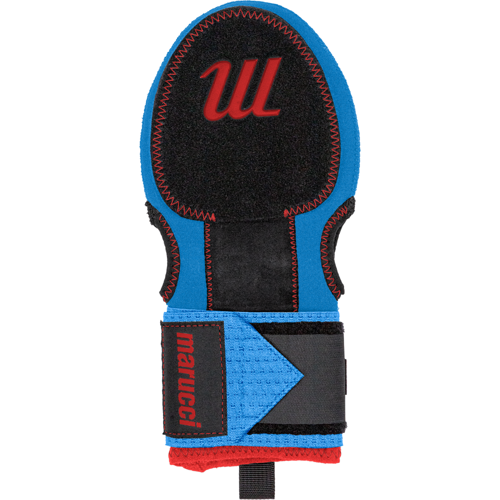 The Marucci Sliding Mitt: MPSLDMITT is a blue and black wrist guard with red stitching and logo, made from compression-fit neoprene for hand protection, plus a black adjustable strap and Velcro closure.