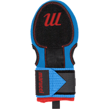 The Marucci Sliding Mitt: MPSLDMITT is a blue and black wrist guard with red stitching and logo, made from compression-fit neoprene for hand protection, plus a black adjustable strap and Velcro closure.