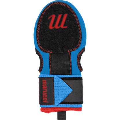 The Marucci Sliding Mitt: MPSLDMITT is a blue and black wrist guard with red stitching and logo, made from compression-fit neoprene for hand protection, plus a black adjustable strap and Velcro closure.