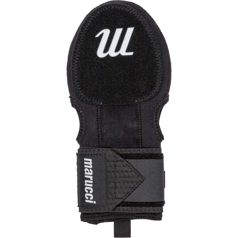 The Marucci Sliding Mitt: MPSLDMITT is a black protective wrist guard made from compression-fit neoprene, featuring a white Marucci logo on top and an adjustable strap at the bottom for superior hand protection.