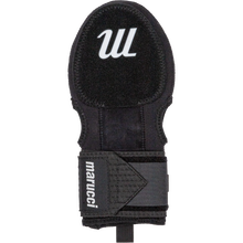 The Marucci Sliding Mitt: MPSLDMITT is a black protective wrist guard made from compression-fit neoprene, featuring a white Marucci logo on top and an adjustable strap at the bottom for superior hand protection.