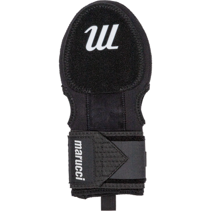 The Marucci Sliding Mitt: MPSLDMITT is a black protective wrist guard made from compression-fit neoprene, featuring a white Marucci logo on top and an adjustable strap at the bottom for superior hand protection.