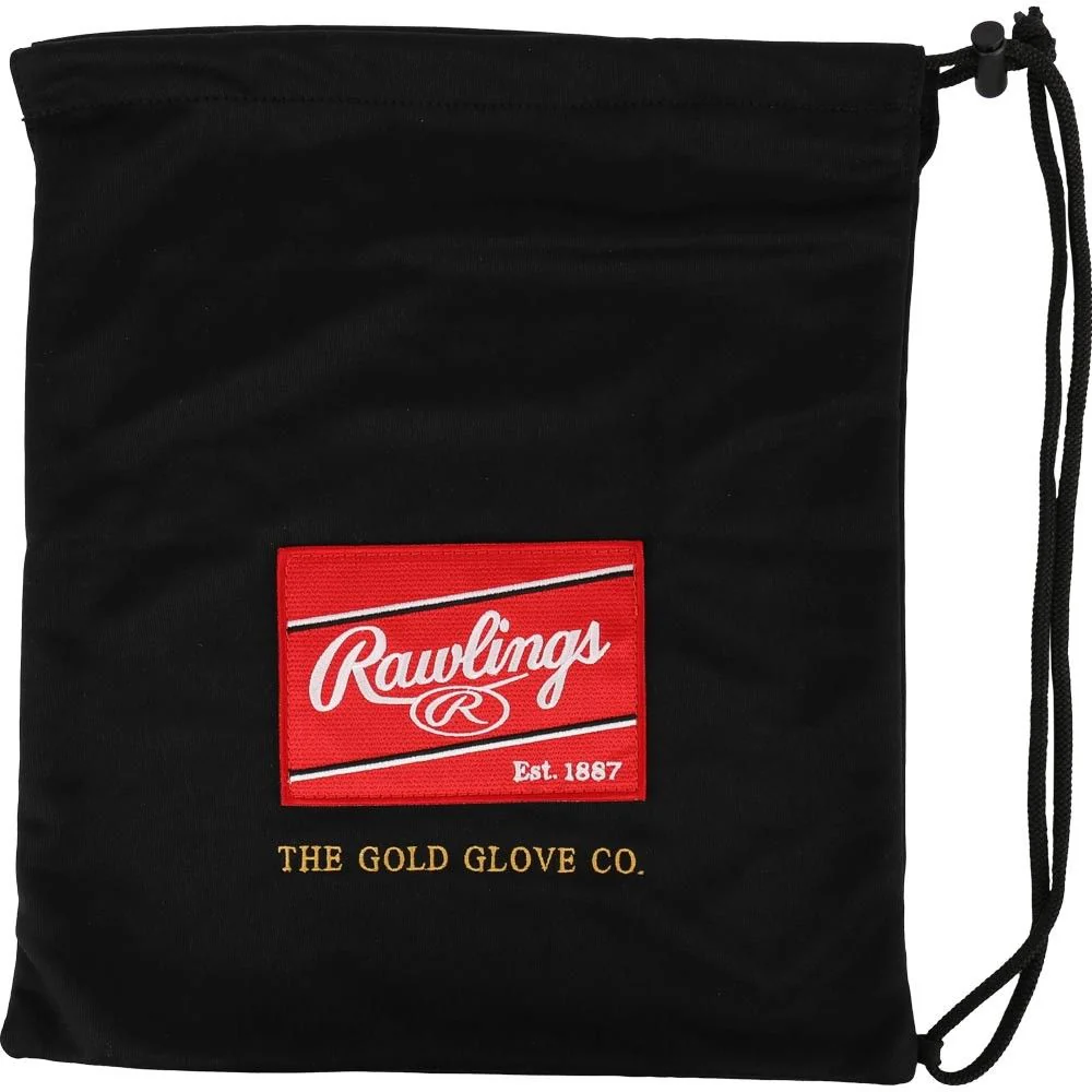 The Rawlings Gold Glove Drawstring Glove Bag features a red and white Rawlings patch and gold "THE GOLD GLOVE CO." embroidery, offering premium, secure glove storage.