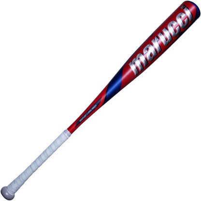 A used 2021 Marucci CAT9 Pastime -8 (2 3/4") USSSA baseball bat (MSBC98A) in red, blue, and silver with "marucci" in white on the barrel, AZR alloy construction, and a white handle grip.