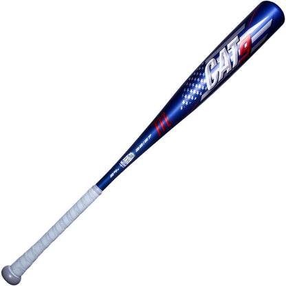 A blue 2021 Marucci CAT9 Pastime -8 USSSA baseball bat with an American flag design and white grip tape, made from AZR alloy, is shown against a white background.