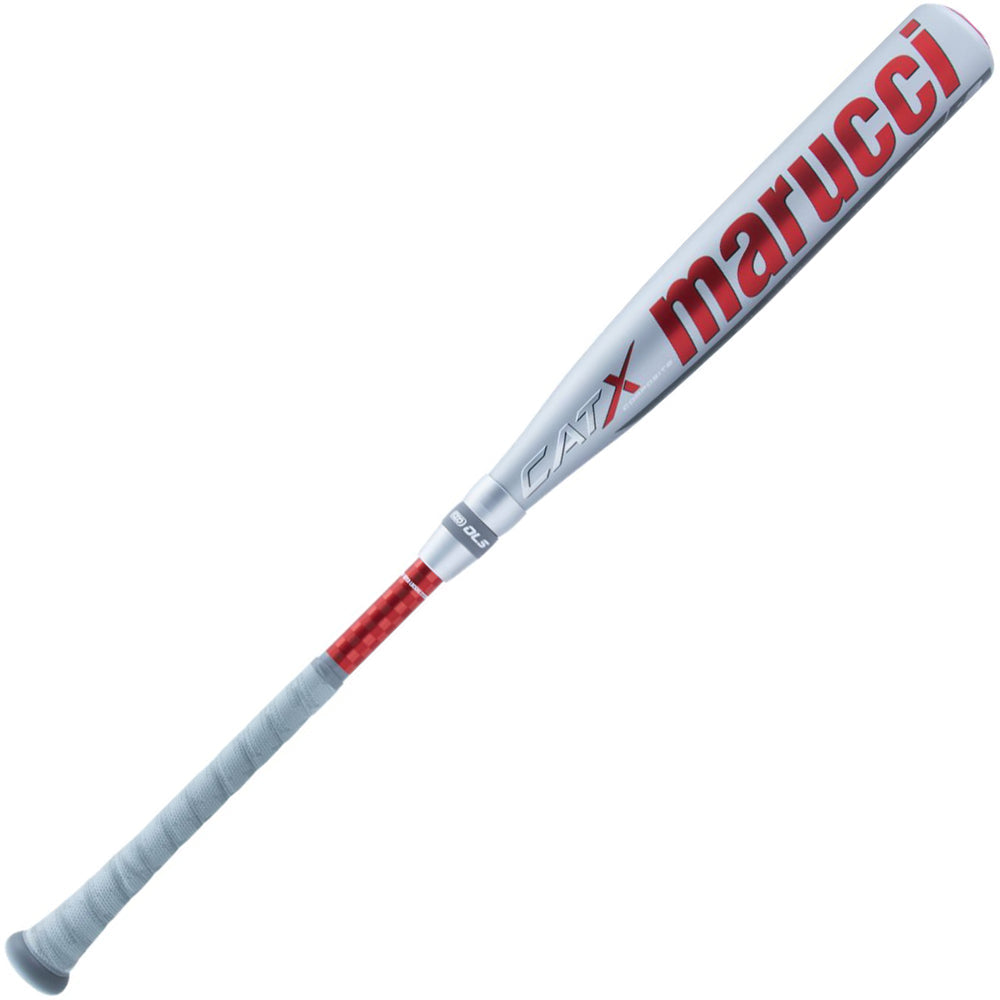 The 2023 Marucci CATX Composite (-10) USSSA Baseball Bat features a silver design with a gray grip, red accents, and bold red "marucci" lettering on the barrel for balanced performance and faster swings.