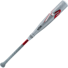 The 2025 Marucci CATX2 Composite (-10) 2 5/8" USA Baseball Bat (MSBCCPX210USA) features a gray and red design, a wrapped handle, Anti-Vibration Technology, and displays the USA Baseball certification logo near the barrel's top.