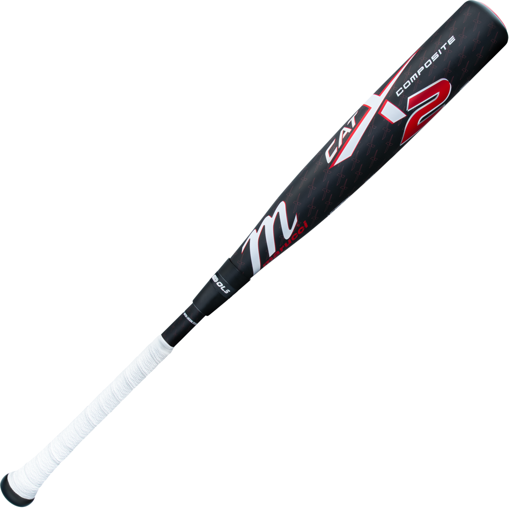 A 2025 Marucci CATX2 Composite (-10) 2 3/4" USSSA Baseball Bat (MSBCCPX210), black and red with a white grip and MDX Max composite barrel, is shown on a plain white background.