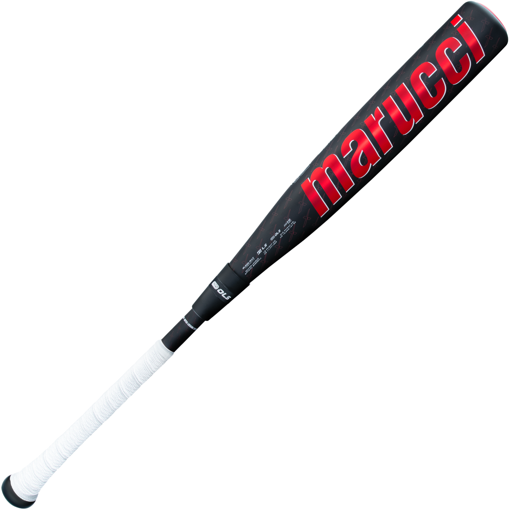 The 2025 Marucci CATX2 Composite (-5) 2 3/4" USSSA Baseball Bat (MSBCCPX25) is black with a white, textured grip and large red marucci branding. This two-piece composite bat is shown diagonally on a plain white background.