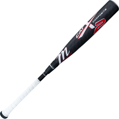 The Marucci 2025 CATX2 Composite (-5) 2 3/4" USSSA Baseball Bat (MSBCCPX25) is a black, red, and white two-piece composite bat with a white grip handle, shown on a white background.