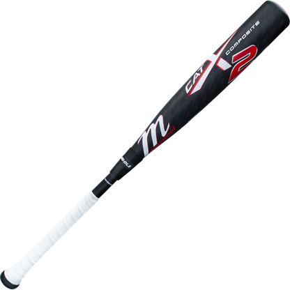 The 2025 Marucci CATX2 Composite (-8) USSSA Bat (MSBCCPX28) is a black and red, two-piece composite bat with a white grip, multi-directional barrel, bold branding, and the number 2 near the endcap.
