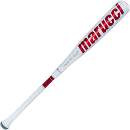 The 2025 Marucci CATX2 Connect (-10) 2 3/4" USSSA Baseball Bat (MSBCCX210) features a white design with red accents, white grip tape, bold red Marucci logo on the barrel, and anti-vibration tech for comfortable swings.