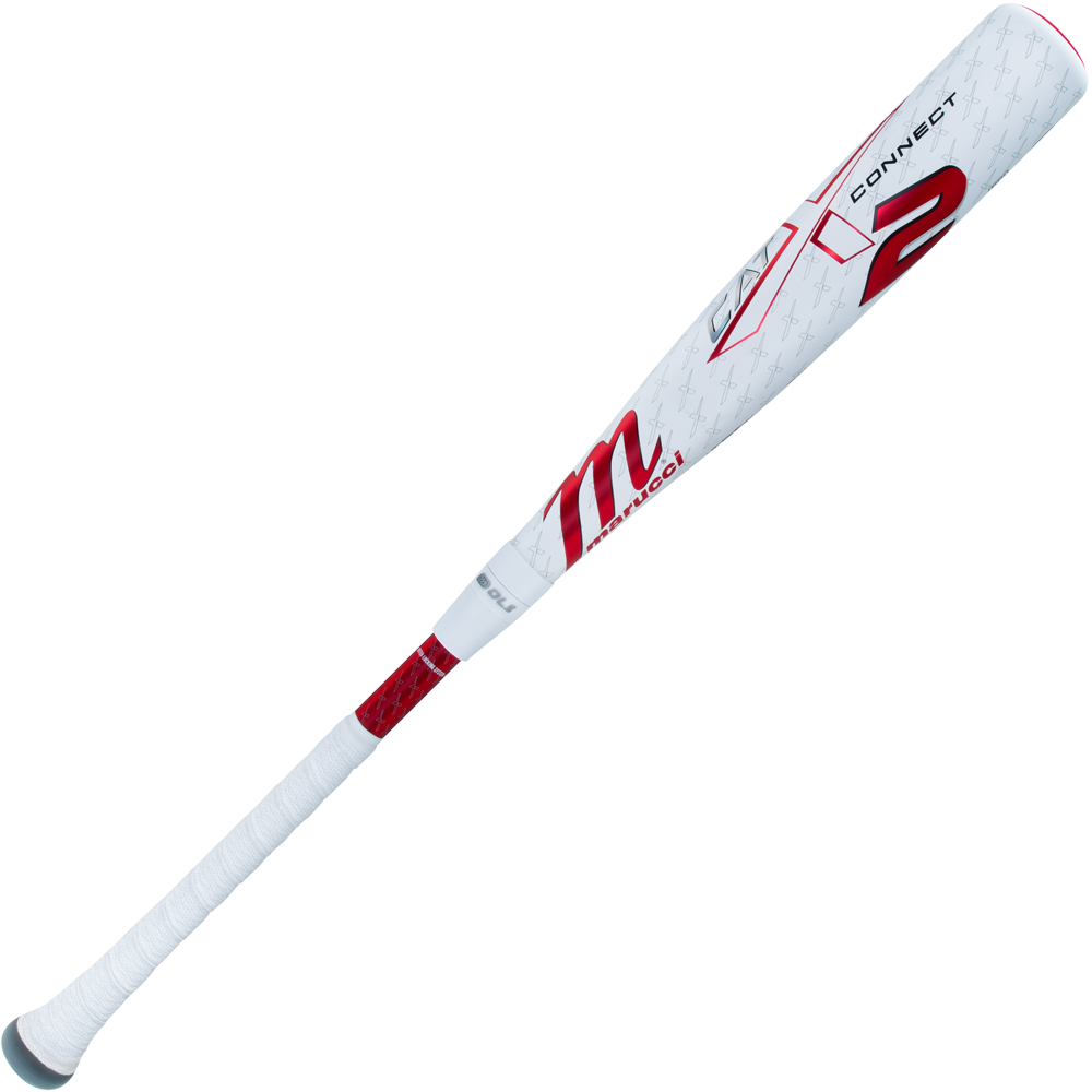 The 2025 Marucci CATX2 Connect (-10) USSSA Baseball Bat (MSBCCX210) features a white and red design, Marucci’s stylized "M" logo near the barrel, anti-vibration tech, and a wrapped grip handle.