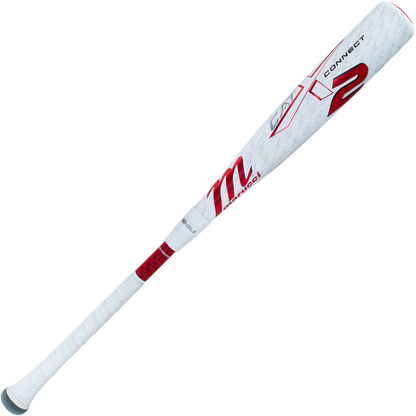The 2025 Marucci CATX2 Connect (-10) USSSA Baseball Bat (MSBCCX210) features a white and red design, Marucci’s stylized "M" logo near the barrel, anti-vibration tech, and a wrapped grip handle.
