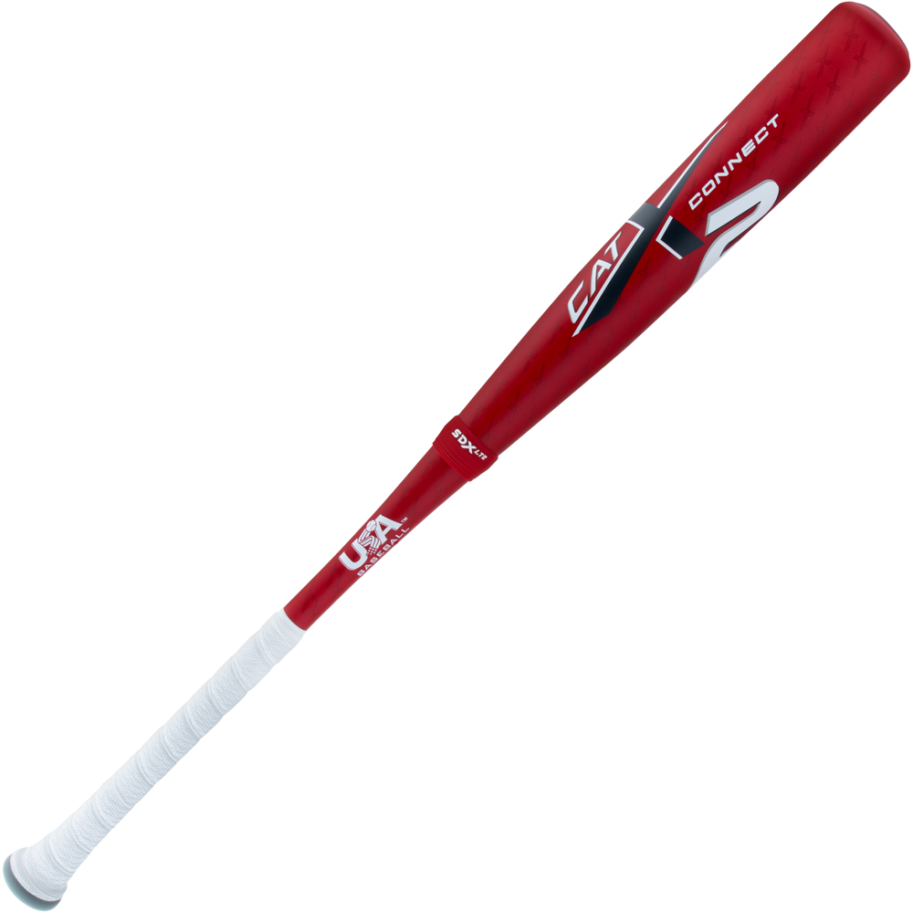 The 2025 Marucci CATX2 Connect (-8) 2 5/8" USA Baseball Bat (Model: MSBCCX28USA) features a red and silver design, white handle with silver grip, two-piece hybrid construction, anti-vibration tech, and USA Baseball certification.