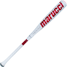 The 2025 Marucci CATX2 Connect (-8) 2 3/4" USSSA Baseball Bat (MSBCCX28), in white with red Marucci branding and a wrapped handle, is angled on a white background, highlighting its anti-vibration technology.
