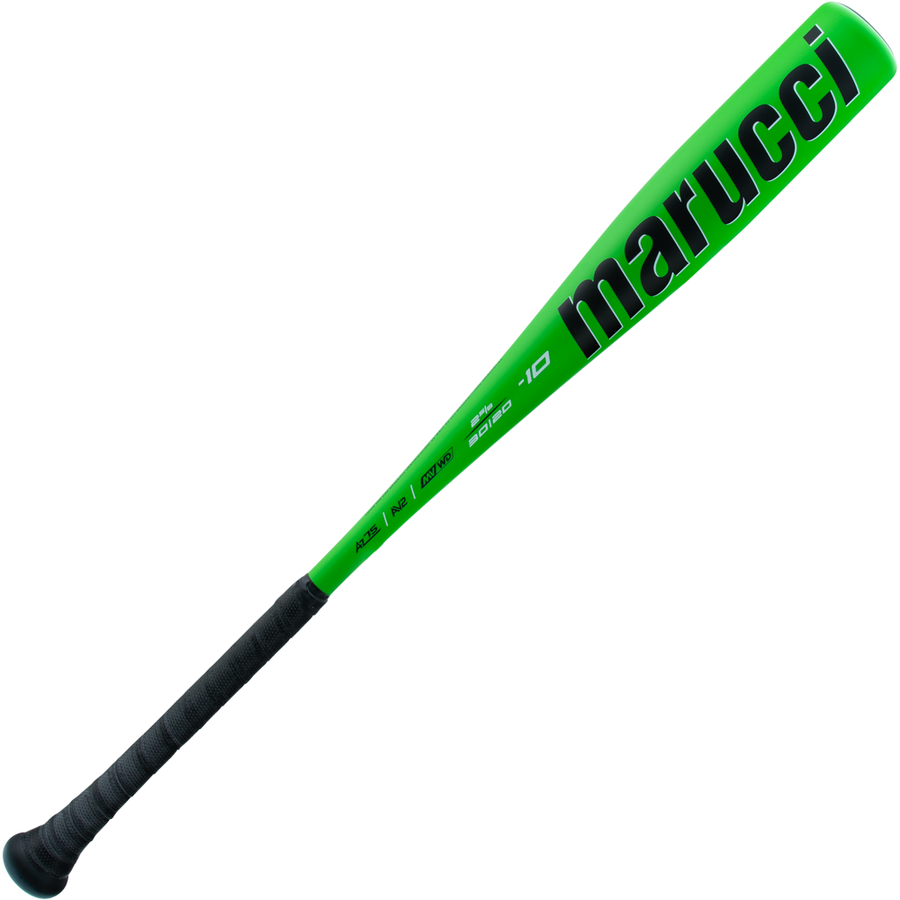 The 2025 Marucci Code (-10) USA Baseball Bat (MSBCD10USA) features a bright green barrel, black grip handle, and black "marucci" logo. Made from durable AZ75 alloy, this Marucci bat is shown against a plain white background.