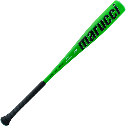 The 2025 Marucci Code (-10) USA Baseball Bat (MSBCD10USA) features a bright green barrel, black grip handle, and black "marucci" logo. Made from durable AZ75 alloy, this Marucci bat is shown against a plain white background.