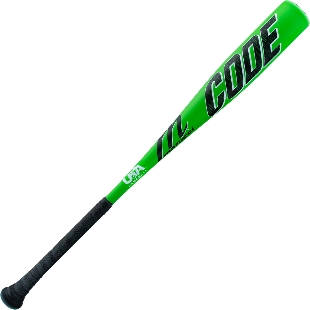 The 2025 Marucci Code (-10) 2 5/8" USA Baseball Bat (MSBCD10USA) features a bright green barrel with CODE in bold black letters, a black grip, and is crafted from durable AZ75 alloy by Marucci.