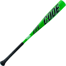 The 2025 Marucci Code (-10) 2 5/8" USA Baseball Bat (MSBCD10USA) features a bright green barrel with CODE in bold black letters, a black grip, and is crafted from durable AZ75 alloy by Marucci.