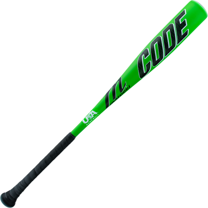 The 2025 Marucci Code (-10) 2 5/8" USA Baseball Bat (MSBCD10USA) features a bright green barrel with CODE in bold black letters, a black grip, and is crafted from durable AZ75 alloy by Marucci.