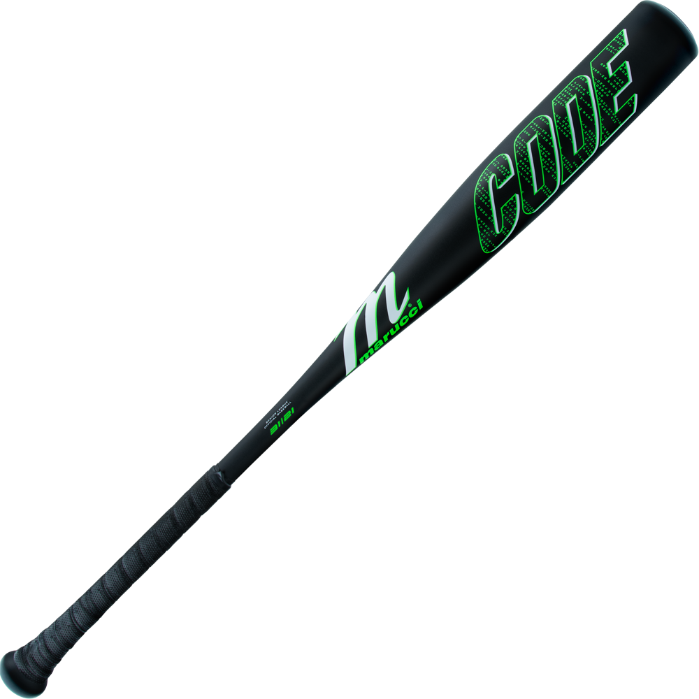 The 2025 Marucci Code (-10) USSSA Baseball Bat (MSBCD10) features a textured grip, green CODE lettering, Marucci branding, and green accents on a black barrel. Made from durable AZ75 alloy for top performance.