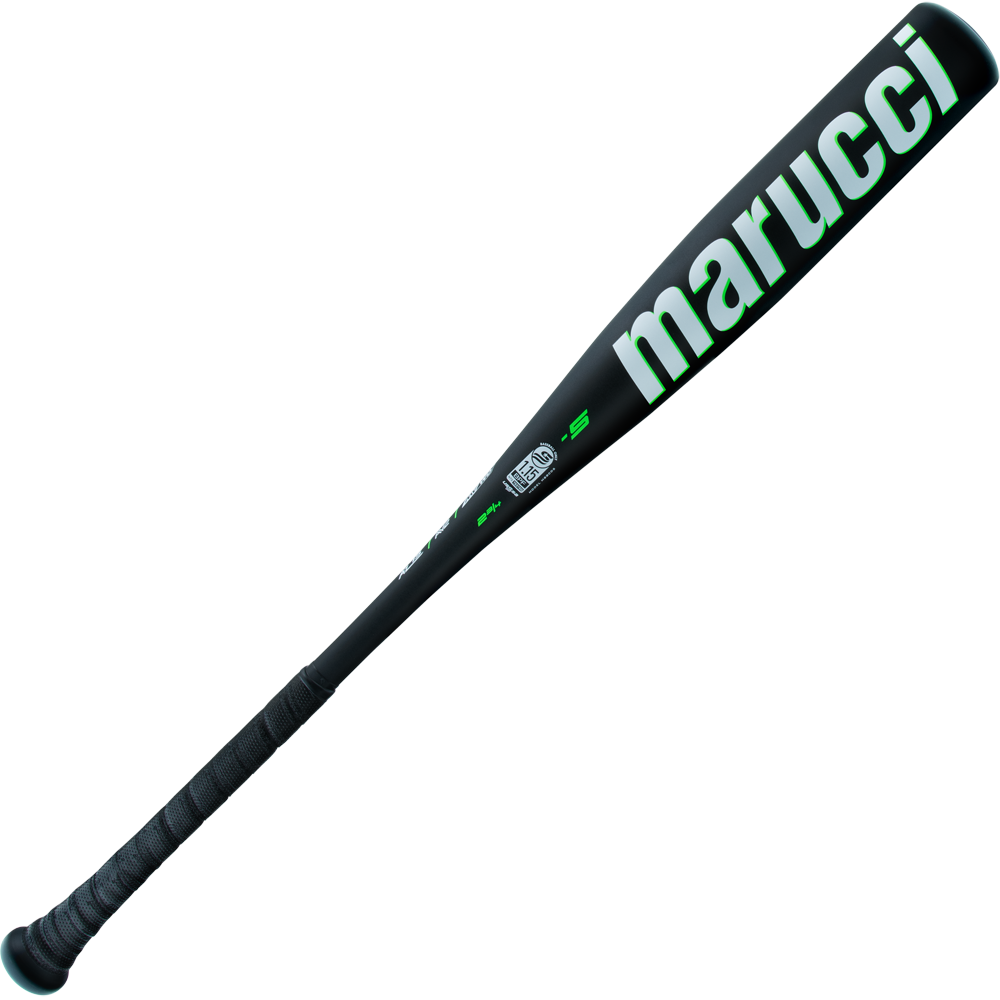 A black 2025 Marucci Code (-5) 2 3/4" USSSA Baseball Bat (MSBCD5) with a textured grip, green Marucci branding on the barrel, and an Anti-Vibration Knob is displayed against a white background.