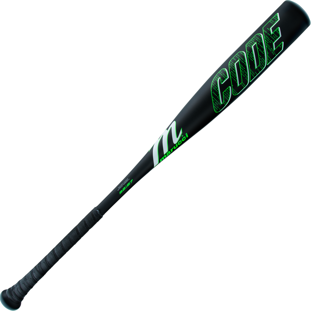 The 2025 Marucci Code (-5) 2 3/4" USSSA Baseball Bat (MSBCD5) features a black design with green CODE lettering, textured grip, durable AZ75 Alloy construction, and Marucci branding along the side for top performance.