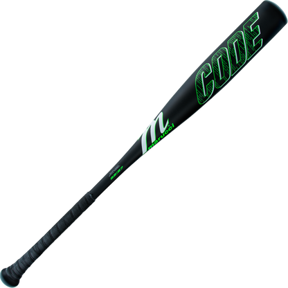 The 2025 Marucci Code (-5) 2 3/4" USSSA Baseball Bat (MSBCD5) features a black design with green CODE lettering, textured grip, durable AZ75 Alloy construction, and Marucci branding along the side for top performance.