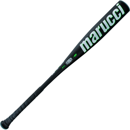 The 2025 Marucci Code (-8) 2 3/4" USSSA Baseball Bat (MSBCD8) features green lettering, a textured black grip, an advanced Anti-Vibration Knob, and is shown on a white background.