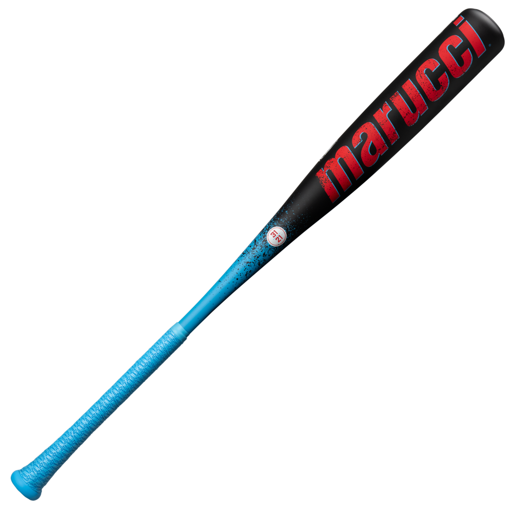The 2026 Marucci CAT X RCKLESS (-10) 2 3/4" USSSA Baseball Bat (MSBCR10 DEMO) features a black barrel, blue handle and grip, bold red Marucci lettering, and is made from elite alloy for top performance.