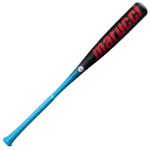 The 2026 Marucci CAT X RCKLESS (-10) 2 3/4" USSSA Baseball Bat (MSBCR10 DEMO) features a black barrel, blue handle and grip, bold red Marucci lettering, and is made from elite alloy for top performance.