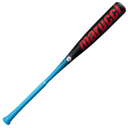 The 2026 Marucci CAT X RCKLESS (-10) 2 3/4" USSSA Baseball Bat (MSBCR10 DEMO) features a black barrel, blue handle and grip, bold red Marucci lettering, and is made from elite alloy for top performance.