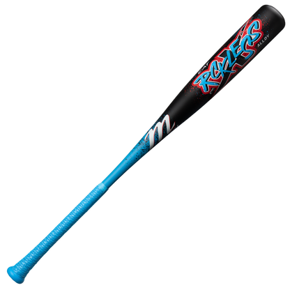 The 2026 Marucci CAT X RCKLESS (-5) USSSA Baseball Bat (MSBCR5) features a black alloy barrel with bold Rockers graffiti-style graphics in red, blue, and white, plus a vibrant blue handle wrapped in bright blue grip tape.