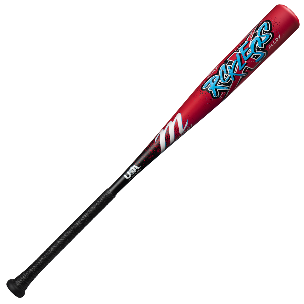 The 2026 Marucci CAT X RCKLESS (-8) USA Baseball Bat features a red and black alloy design with blue "ROCKETS" graffiti text, a white "m" logo, "USA" near the handle, and a black textured grip.