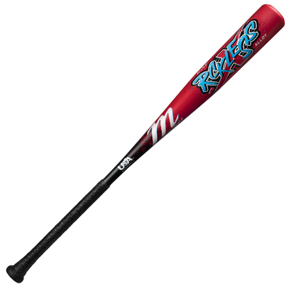 The 2026 Marucci CAT X RCKLESS (-8) USA Baseball Bat features a red and black alloy design with blue "ROCKETS" graffiti text, a white "m" logo, "USA" near the handle, and a black textured grip.