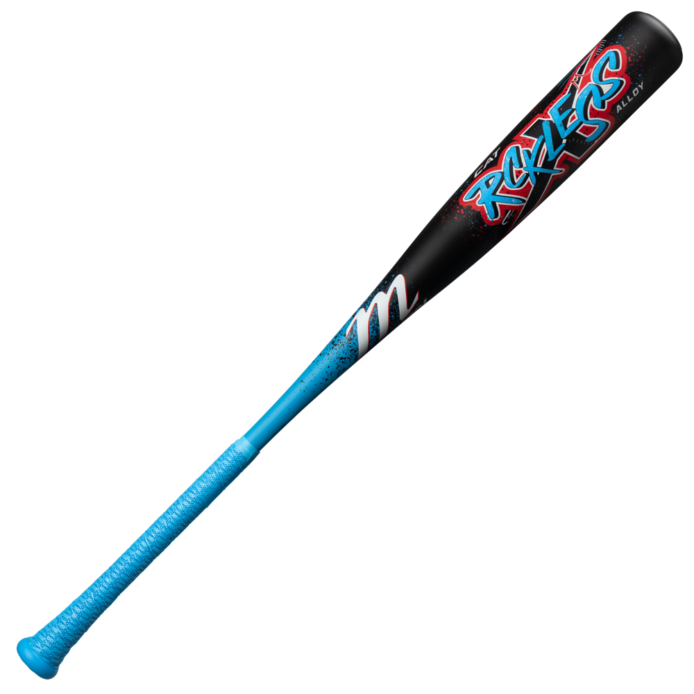 A black Marucci CAT X RCKLESS (-8) 2 3/4" USSSA baseball bat (MSBCR8), featuring “RECKERS” in bold, colorful letters on the barrel and a blue-wrapped grip, inspired by the iconic Marucci style.