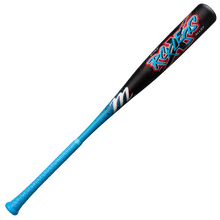 A black Marucci CAT X RCKLESS (-8) 2 3/4" USSSA baseball bat (MSBCR8), featuring “RECKERS” in bold, colorful letters on the barrel and a blue-wrapped grip, inspired by the iconic Marucci style.