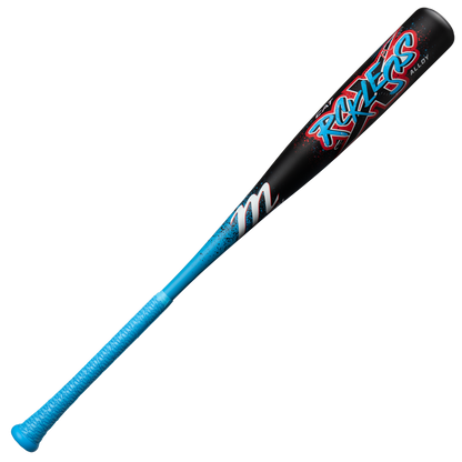 A black Marucci CAT X RCKLESS (-8) 2 3/4" USSSA baseball bat (MSBCR8), featuring “RECKERS” in bold, colorful letters on the barrel and a blue-wrapped grip, inspired by the iconic Marucci style.