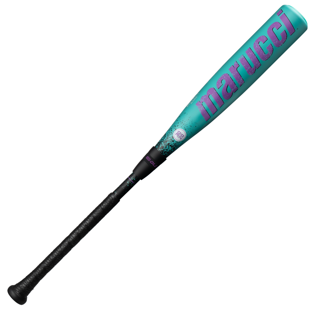 A turquoise Marucci 2026 CAT X RCKLESS Composite (-10) USA Baseball Bat with a composite barrel, black grip handle, and purple lettering is displayed against a plain white background.