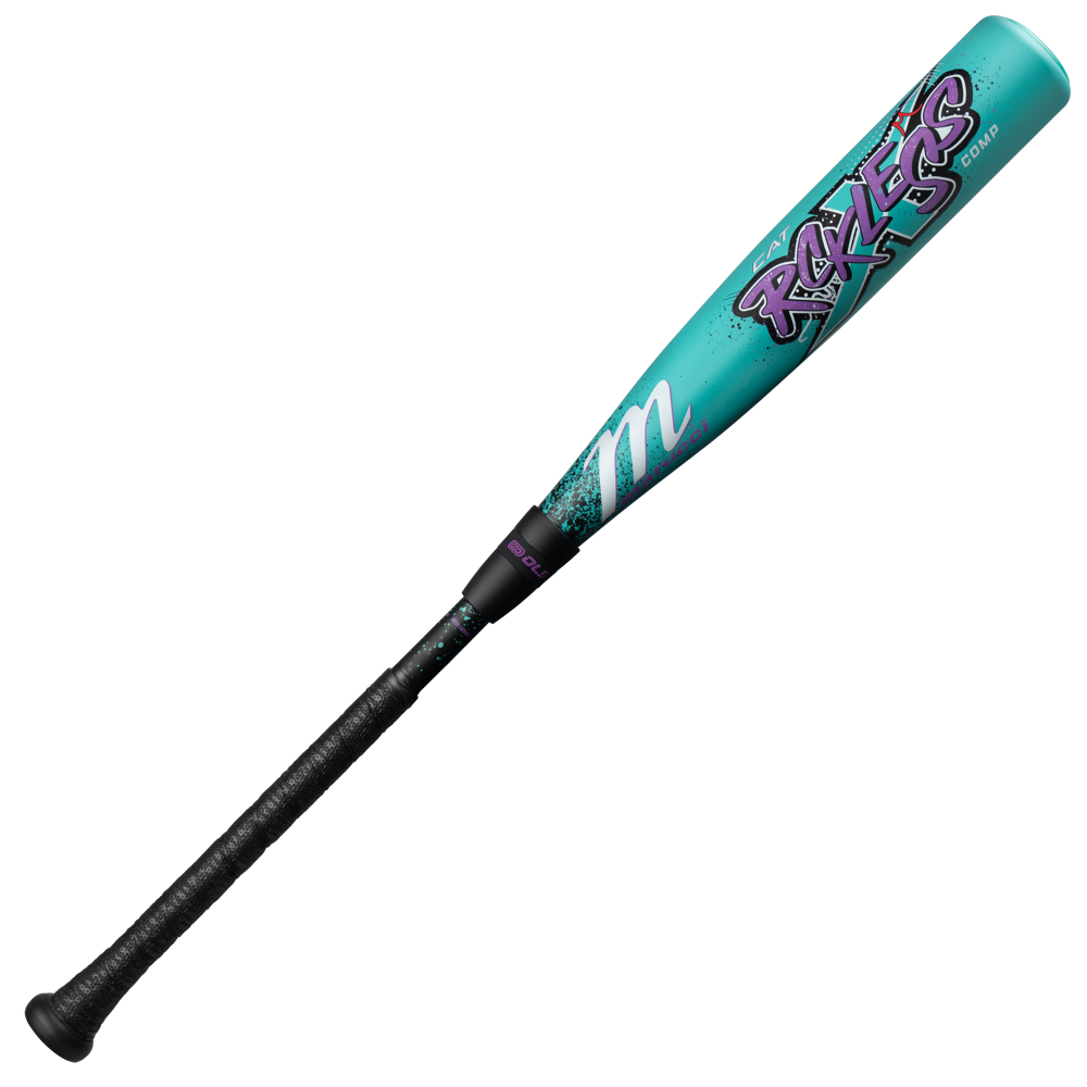 The Marucci CAT X RCKLESS Composite (-10) USA Baseball bat features a turquoise barrel with bold purple “RECKLESS” graffiti, a black grip, and a stylized "m" near the handle.