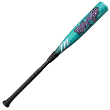 The Marucci CAT X RCKLESS Composite (-10) USA Baseball bat features a turquoise barrel with bold purple “RECKLESS” graffiti, a black grip, and a stylized "m" near the handle.