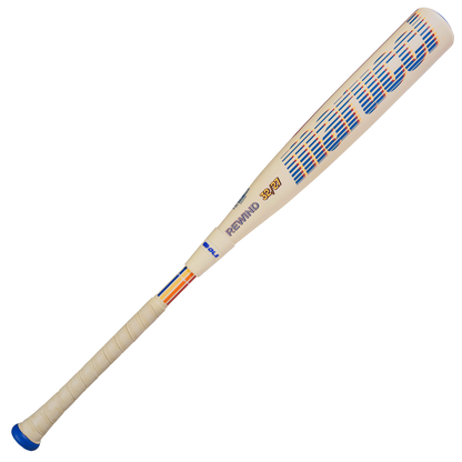 The Marucci CATX RCKLESS Rewind Composite (-5) USSSA bat features a beige barrel with blue "Marucci" lettering, wrapped handle, blue accents, and power swing design. Model MSBCRC5RC; size 32/27.