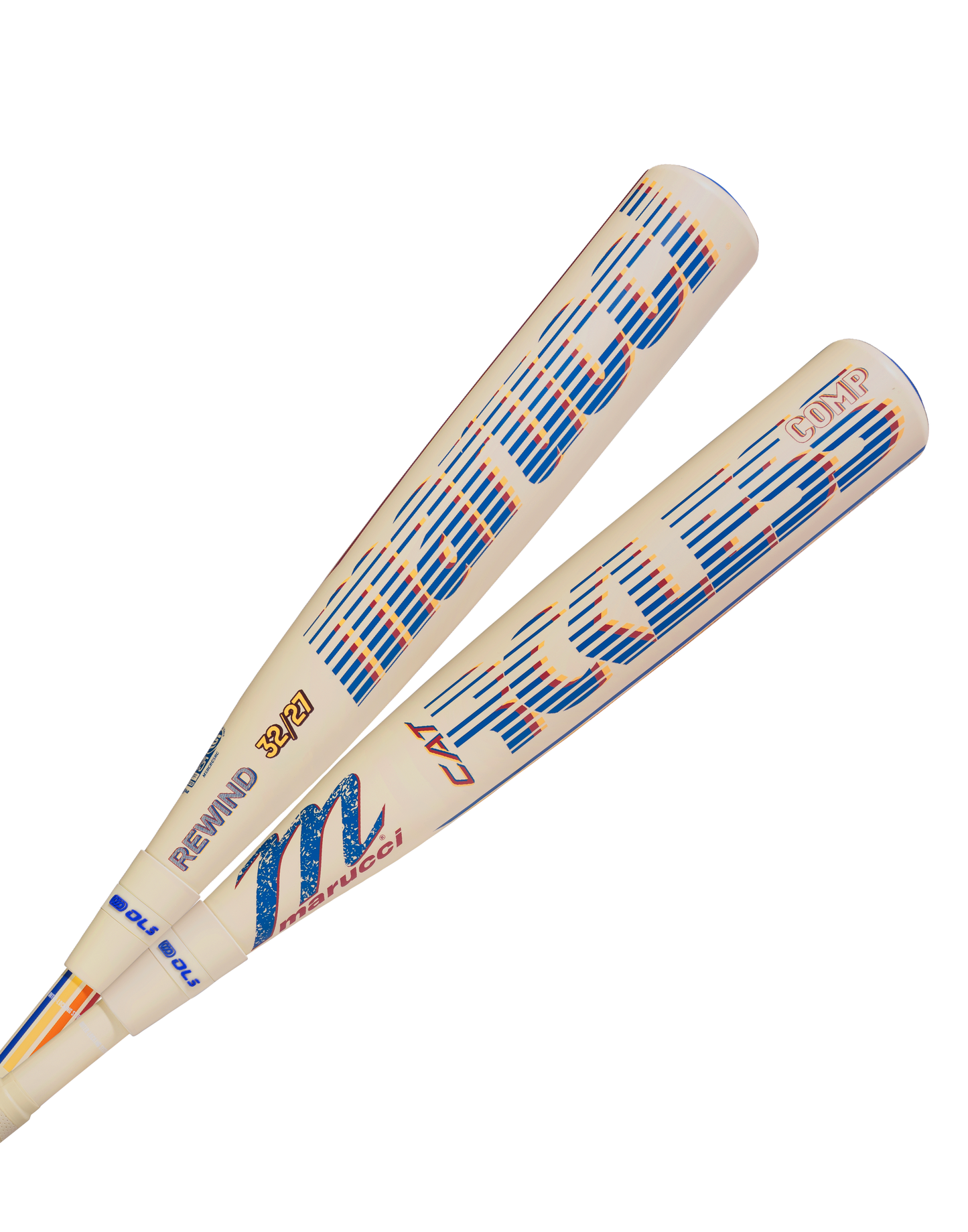 Two white Marucci CATX RCKLESS Rewind Composite (-5) 2 3/4" USSSA Baseball Bats with blue and orange graphics are shown on a white background. Features a composite barrel for powerful swings. Brand: Marucci.